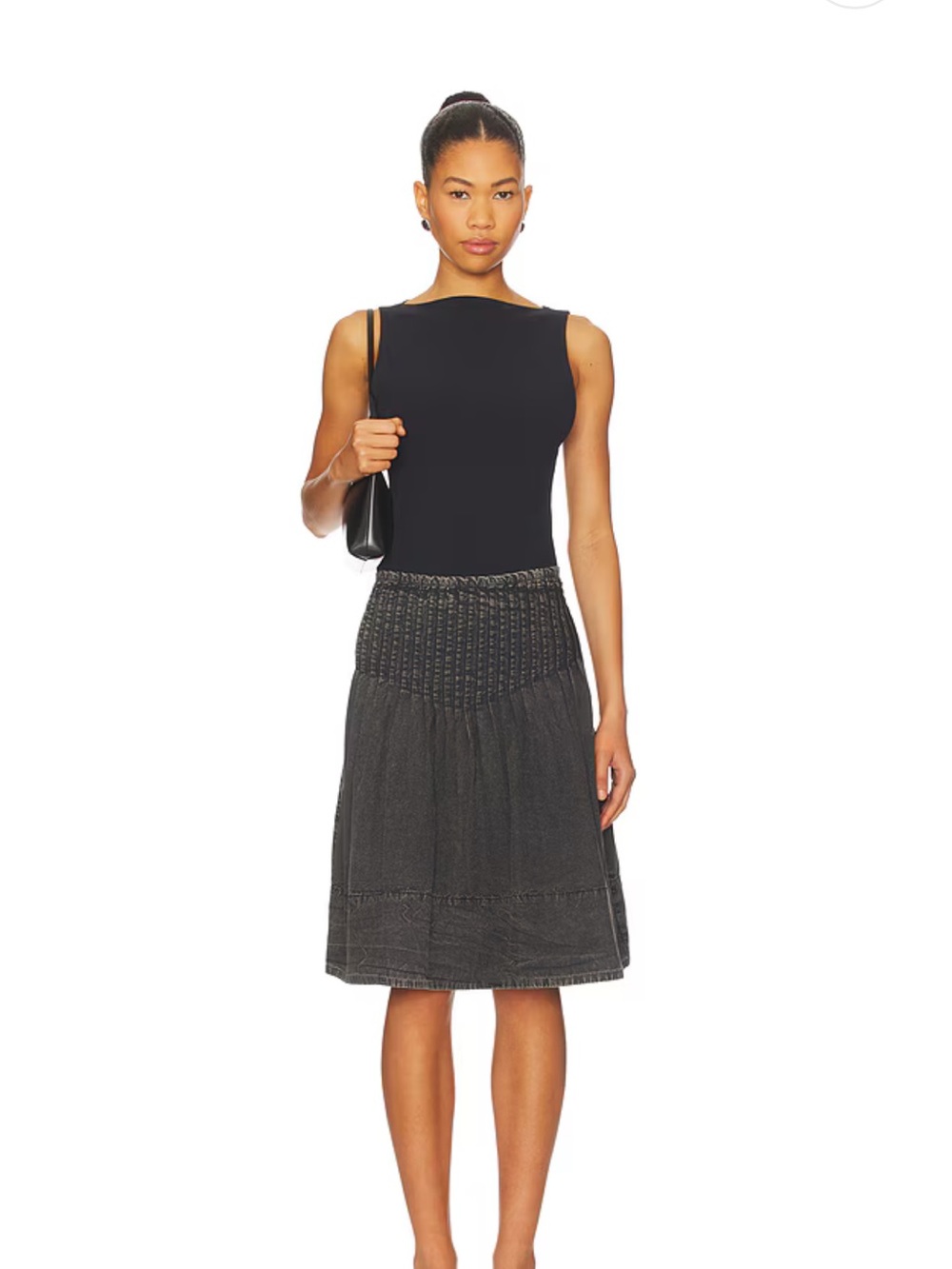 Free People Peyton Pintuck Midi Skirt In Washed Black 6 - Picture 5 of 7